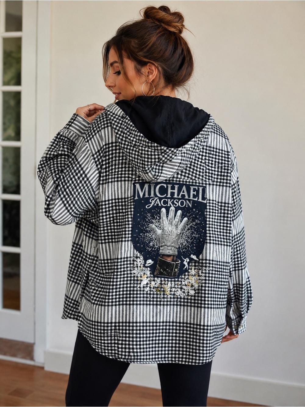 Black & White Plaid Hooded Utility Jacket with Graphic Back Patch